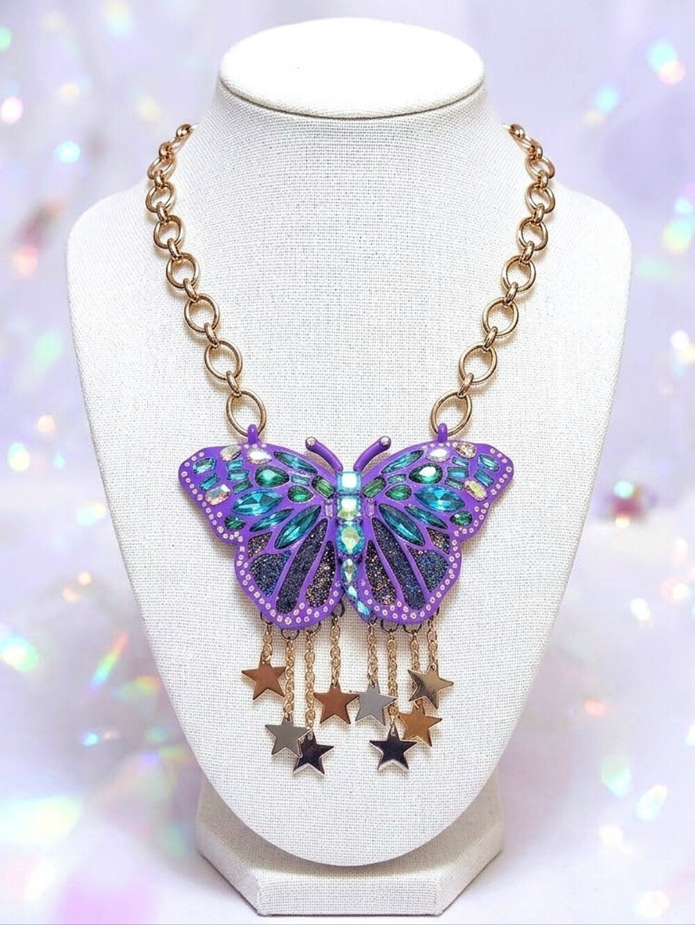 Silver Chain Purple Multicolor Crystal Purple Butterfly Star Necklace